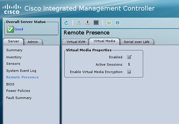 CIMC Administration Page Enabling Virtual Media