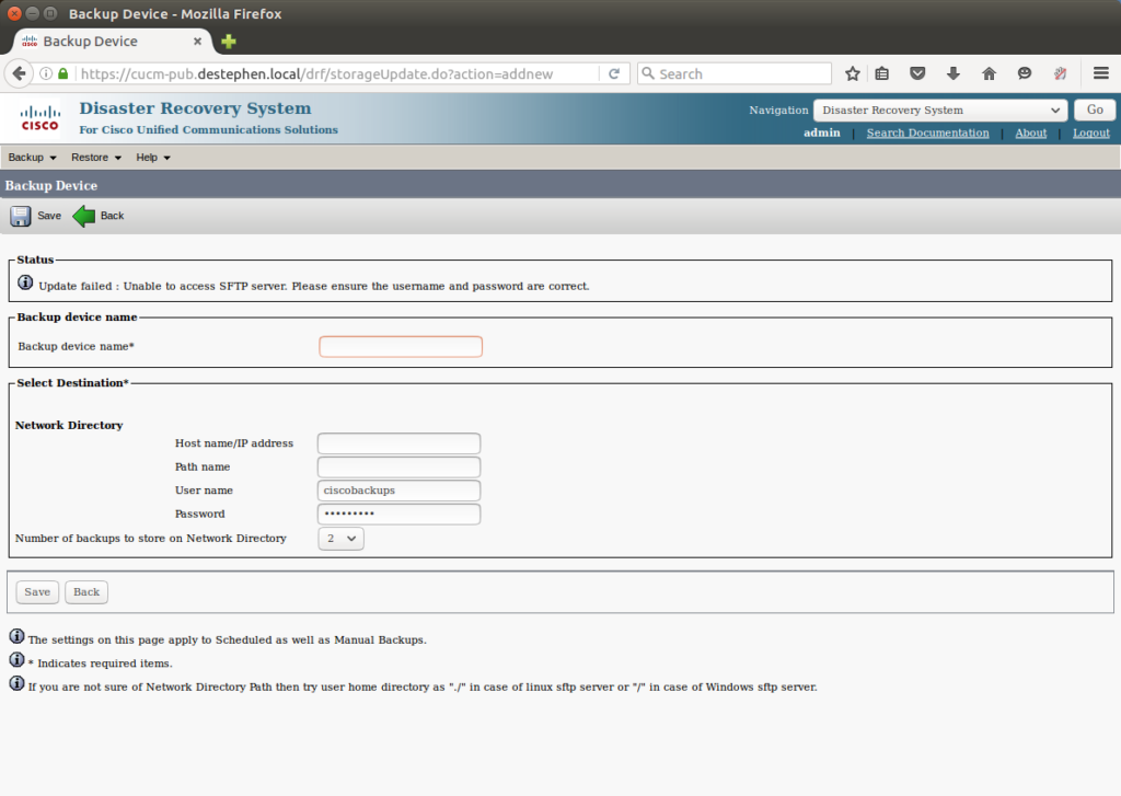 CUCM Backup Creation Failed