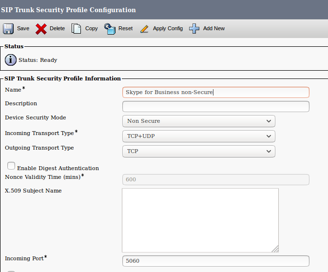 SIP Trunk Security Profile Configuration