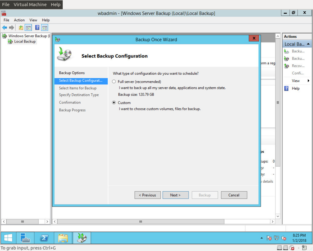 Selecting Custom Backup